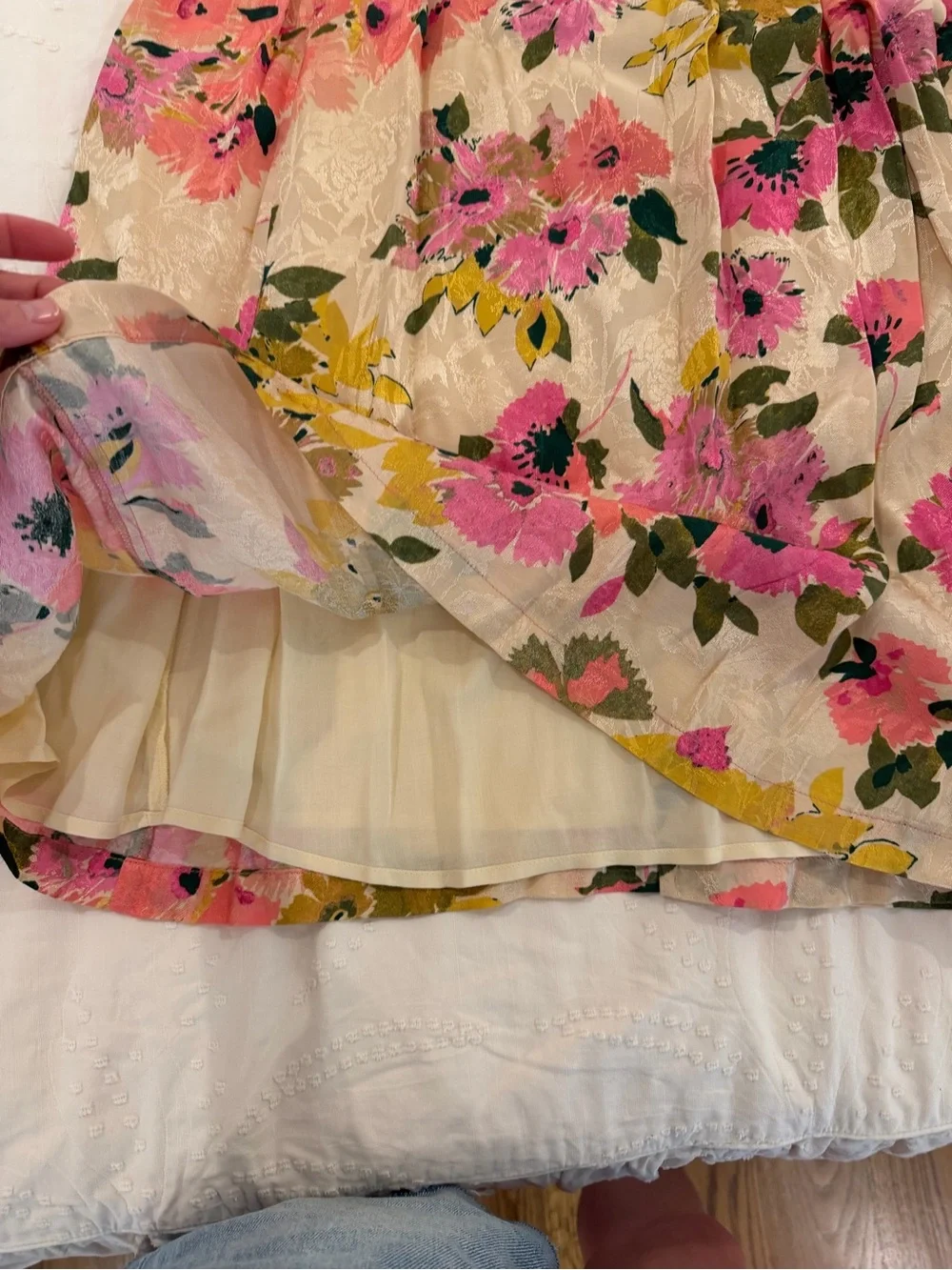 Sezane Floral A-Line Midi Skirt in Pink, Green & Cream